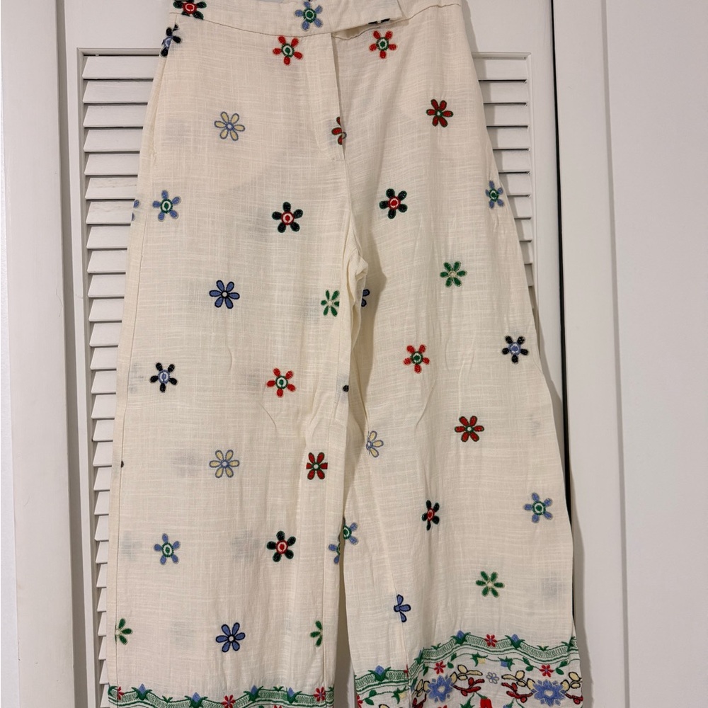 Zara Cream Wide-Leg Pants with Multicolor Floral Embroidery